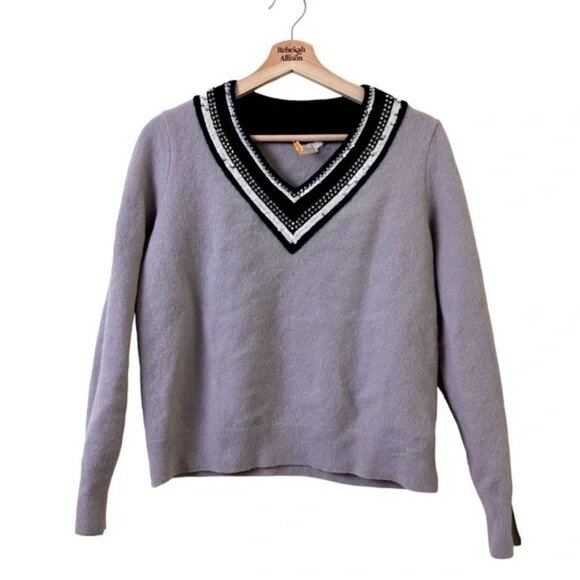 Tory Burch 100% Merino Wool Sequin V-Neck Sweater in Purple SZ Medium - Picture 1 of 9